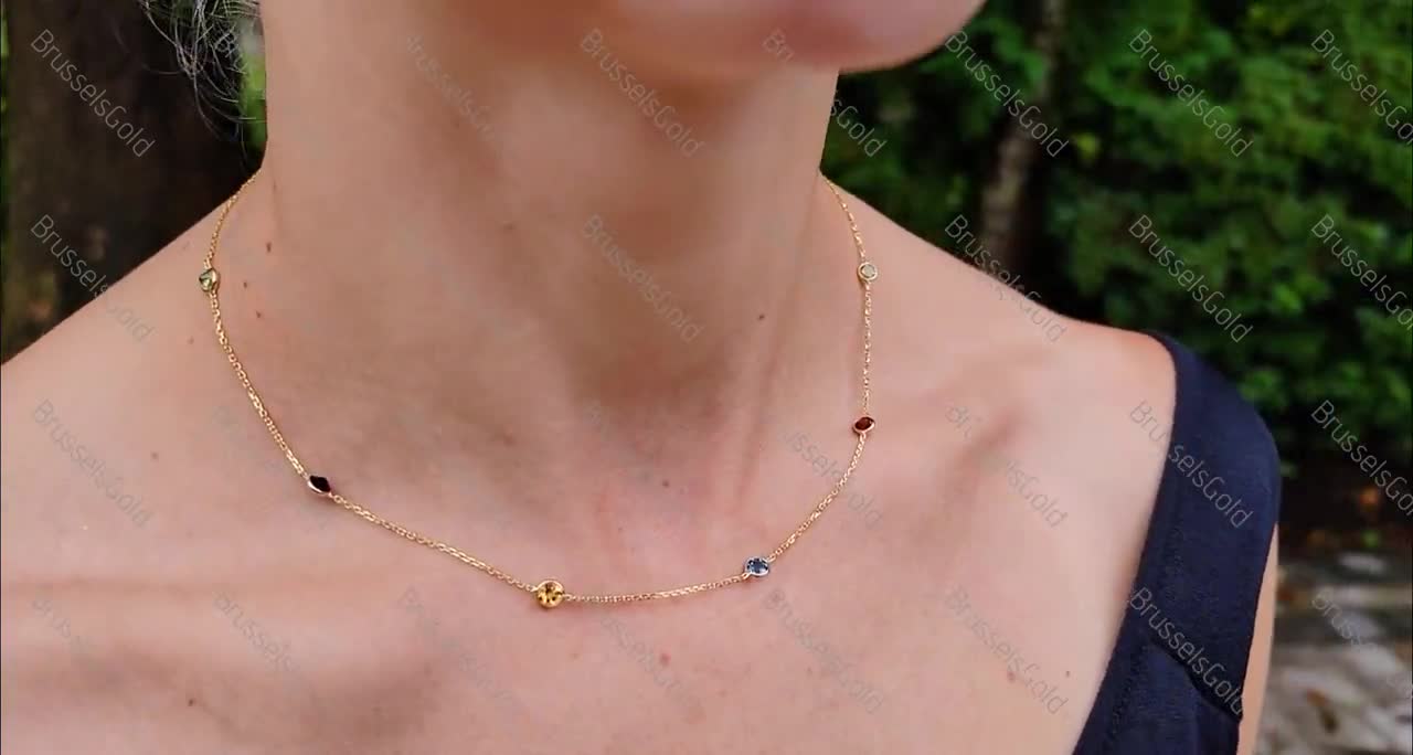 14K Gold Gemstone Station Necklace Chain, Garnet, Peridot